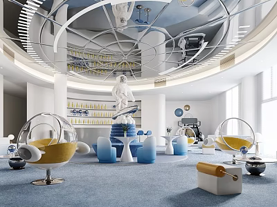 Modern Kids Play Area With Blue White Spherical Seats Astronaut Sculpture And Bookshelves 3d model