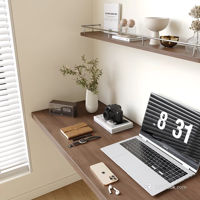 Stylish Laptop Setup On Wooden Desk With Calendar Camera Plant And Phone 3d model 
