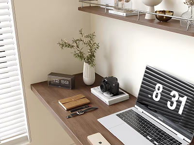 Stylish Laptop Setup On Wooden Desk With Calendar Camera Plant And Phone 3d model