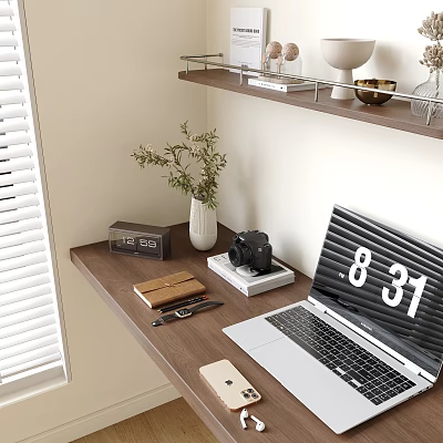 Stylish Laptop Setup On Wooden Desk With Calendar Camera Plant And Phone 3d model Stylish Laptop Setup On Wooden Desk With Calendar Camera Plant And Phone 3d model