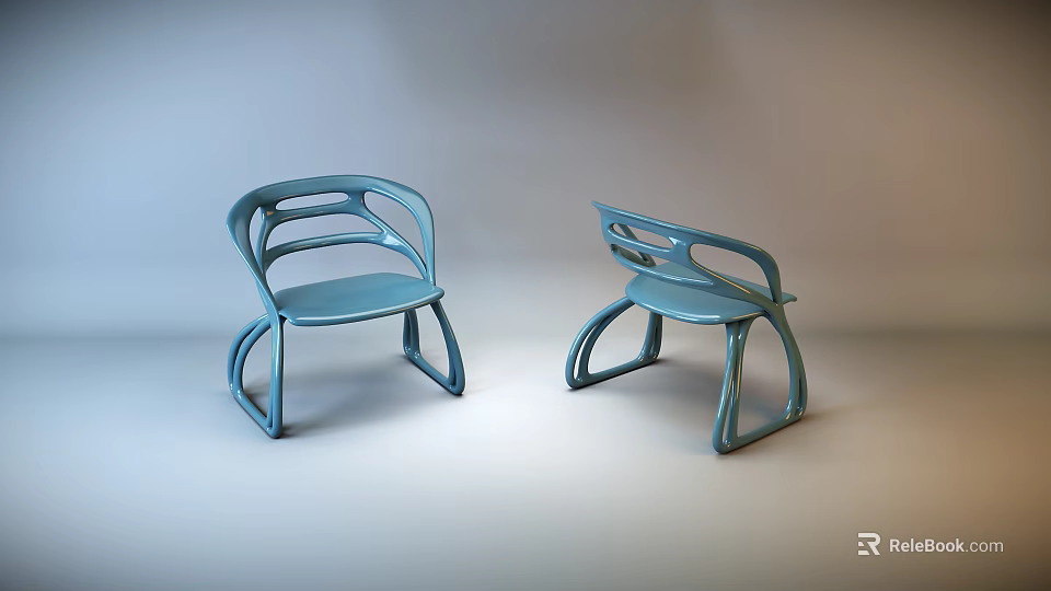 Blue Modern Single Chair with Curved Armrests and Unique Design Structure 3d model 