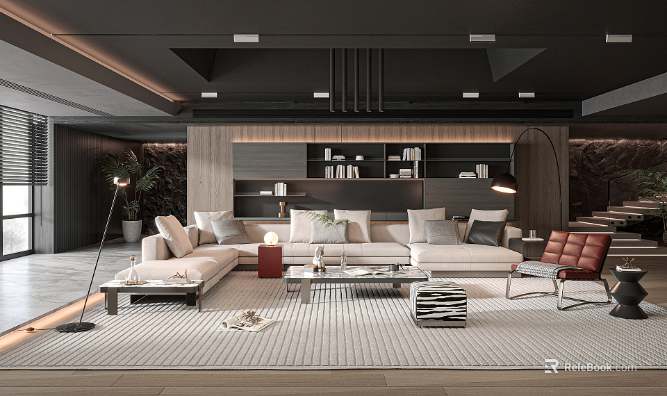Modern Living Room Interior With Large Sofa Coffee Table Floor Lamp And Bookshelf 3d model 