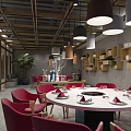 Spicy Hotpot Restaurant Modern Interior Lobby Area with Green Plants Blue Wall Gold Dots Decor