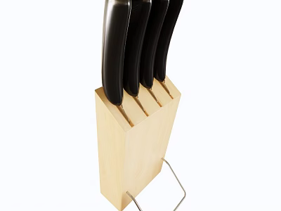 Modern Kitchen Knife Set With Black Handles In Wooden Block Holder 3d model