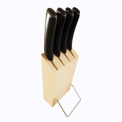 Modern Kitchen Knife Set With Black Handles In Wooden Block Holder 3d model