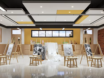 School Art Classroom With Easels Art Boards Stools Yellow Walls Windows And Ceiling Design 3d model