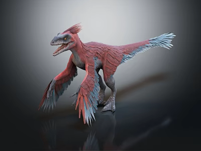 Realistic 3D Feathered Dinosaur With Red Blue Wings And Open Mouth 3d model