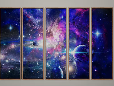 Five Panel Starry Sky Wall Art With Colorful Galaxies And Planets 3d model