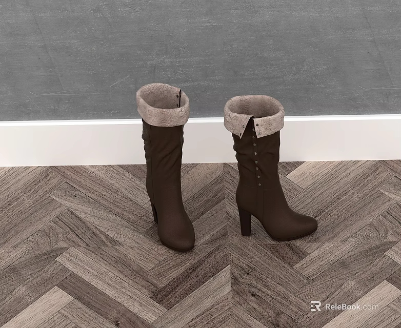 Brown High Heel Boots Featuring Fleece Lined Cuffs Pleated Shaft Button Details On Herringbone Floor 3d model 