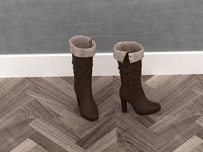 Brown High Heel Boots Featuring Fleece Lined Cuffs Pleated Shaft Button Details On Herringbone Floor 3d model