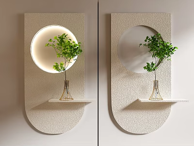 Textured Beige Curved Wall Decor with Round Mirror Shelf LED Light and Green Plant Vase 3d model
