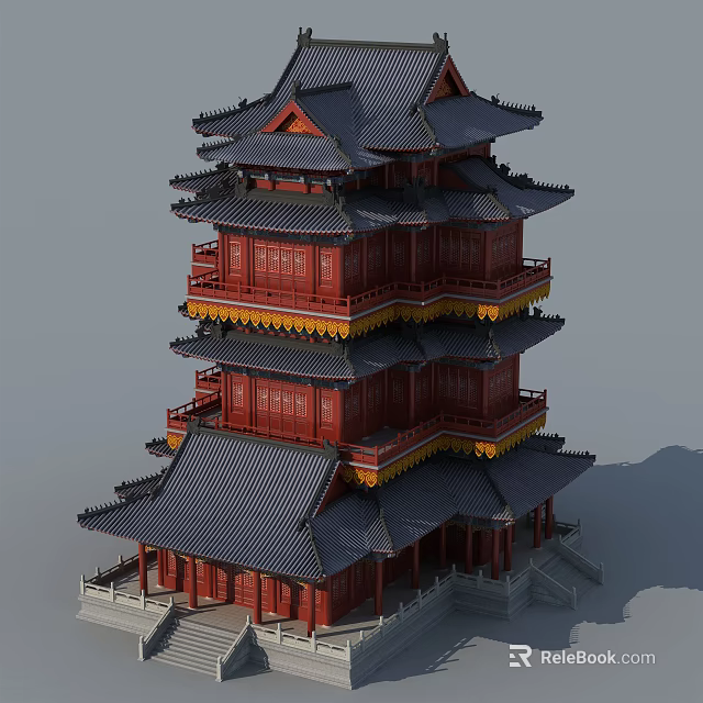 Ancient Chinese Architecture Multi Tiered Red Pagoda With Gray Tiles And Overhanging Eaves 3d model 