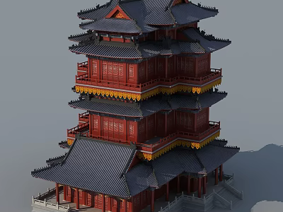 Ancient Chinese Architecture Multi Tiered Red Pagoda With Gray Tiles And Overhanging Eaves 3d model