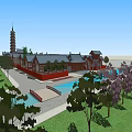 Traditional Ancient Chinese Architecture Complex With Pagoda Tower Water Channel Green Lawn And Trees