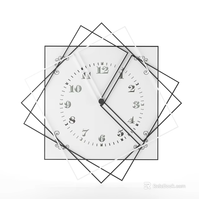 Modern Square Wall Clock with White Dial Black Numbers Hands and Geometric Decorations 3d model