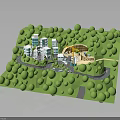 3D Miniature Green Landscape with Trees White Buildings Roads and Circular Design