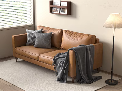 Comfortable Brown Leather Two Seater Sofa With Grey Cushions Throw Blanket And Floor Lamp Near Window 3d model