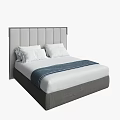 Modern Double Bed with Grey Striped Headboard White Pillows and Navy Blue Blanket