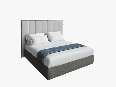 Modern Double Bed with Grey Striped Headboard White Pillows and Navy Blue Blanket 3d model