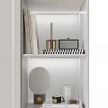 Modern White Wardrobe With Gold Handles And Open Shelves With Decorative Items And Lighting
