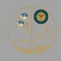 Decorative Circular Wall Clock Featuring Ginkgo Leaves Deer And Mountain Wave Designs 3d model