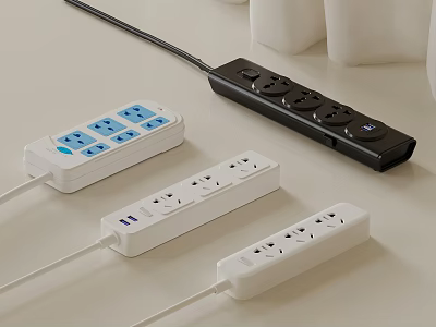Different Power Strips With Multiple Sockets In White And Black Colors For Home Use 3d model