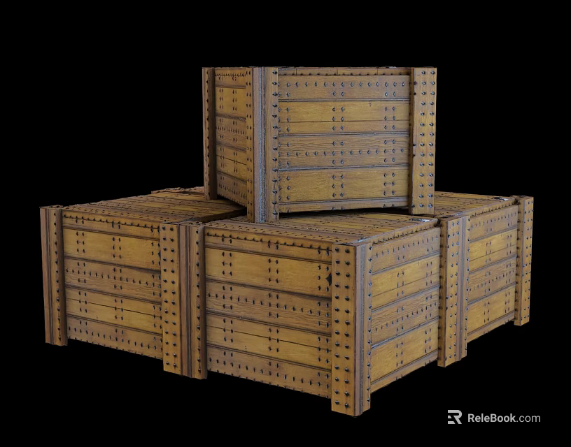 Vintage Wooden Crates Stacked with Riveted Planks and Rustic Industrial Design 3d model 