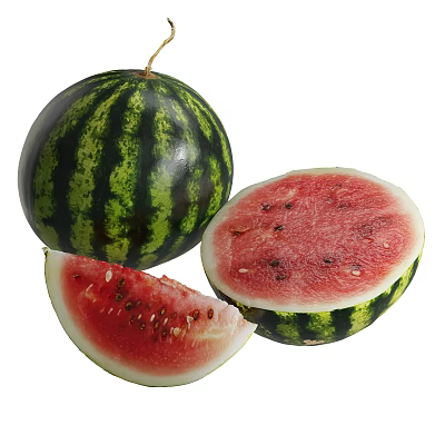 Whole and Sliced Watermelon Showing Fresh Red Flesh with Black Seeds 3d model