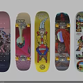Colorful Skateboards With Unique Graphics And Various Designs In Pink Gray Yellow Blue White