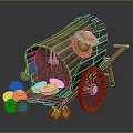 Vintage Wooden Cart Displaying Straw Hats And Woven Baskets On Wheels