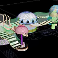 Vibrant Children's Playground With Dome Structures Striped Stairs Slides And Umbrellas