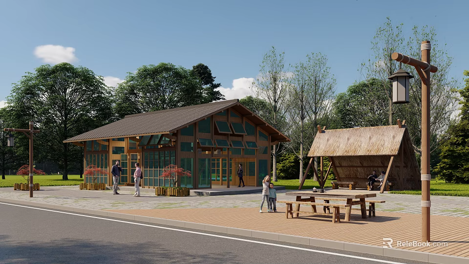 Traditional Wooden Post Station Exterior With Green Trees Thatch Roofed Shelter And Picnic Tables 3d model 