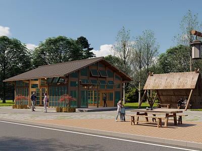 Traditional Wooden Post Station Exterior With Green Trees Thatch Roofed Shelter And Picnic Tables 3d model