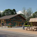 Traditional Wooden Post Station Exterior With Green Trees Thatch Roofed Shelter And Picnic Tables