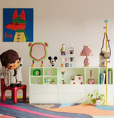 White Storage Cabinet In Kids Room With Cartoon Decor Small Items And Toys 3d model