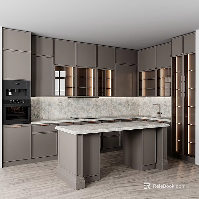 Modern Kitchen With Gray Cabinets Island Stone Backsplash And Appliances 3d model 
