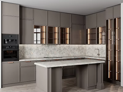 Modern Kitchen With Gray Cabinets Island Stone Backsplash And Appliances 3d model