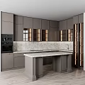 Modern Kitchen With Gray Cabinets Island Stone Backsplash And Appliances