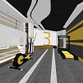 Spacious Gym Interior With Treadmills Ceiling Lights And Yellow Black Design