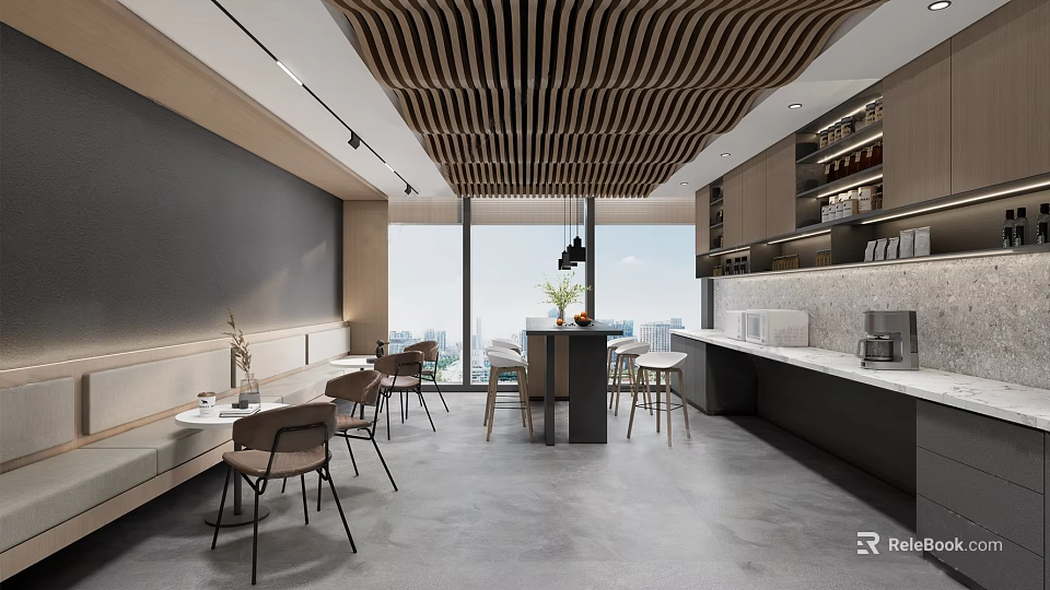 Modern Break Room Interior With Wooden Ceiling Large Windows Tables And Coffee Machine 3d model 