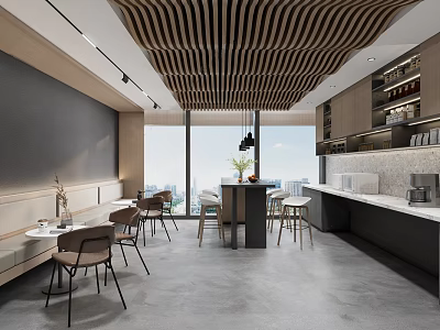 Modern Break Room Interior With Wooden Ceiling Large Windows Tables And Coffee Machine 3d model