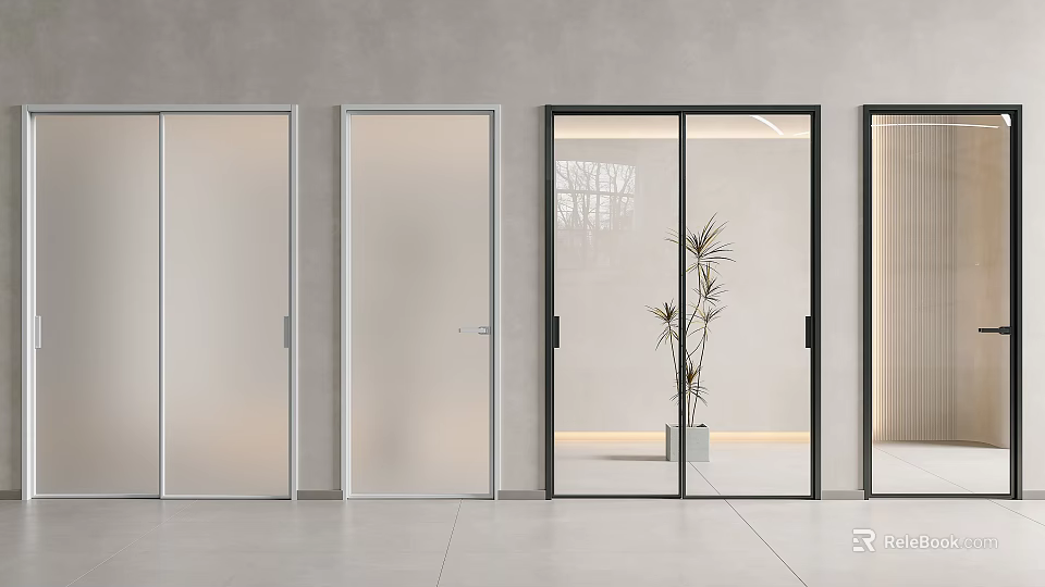 Modern Glass Sliding Doors With Black Frames Interior Gray Wall White Floor And Plant 3d model 