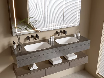 Modern Double Sink Bathroom Vanity with Wooden Cabinet Backlit Mirror and Marble Countertop 3d model