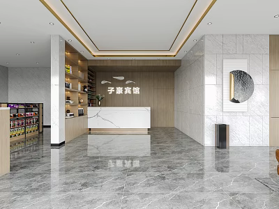 Hotel Lobby Interior Featuring Reception Desk Marble Floor Wooden Accents And Decorative Art 3d model