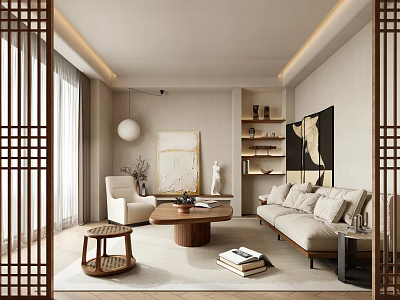 Neutral Tone Modern Living Room Interior With Beige Sofa Wooden Coffee Table And Lattice Screens 3d model