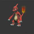 Red Creature With Flame Tail Green Eyes And White Claws Standing On Black Surface