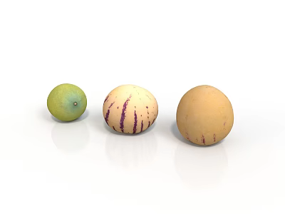 Three Exotic Fruits With Green Purple Striped And Tan Skin Displaying Unique Patterns 3d model
