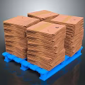 Stacked Brown Cardboard Boxes On Blue Pallet For Storage And Shipping