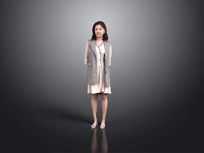 Smiling Woman In Gray Plaid Coat And White Dress Standing Against Gray Background 3d model