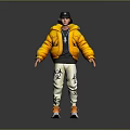 3D Character Design Wearing Black Cap Yellow Puffer Jacket And White Pants With Biological Patterns